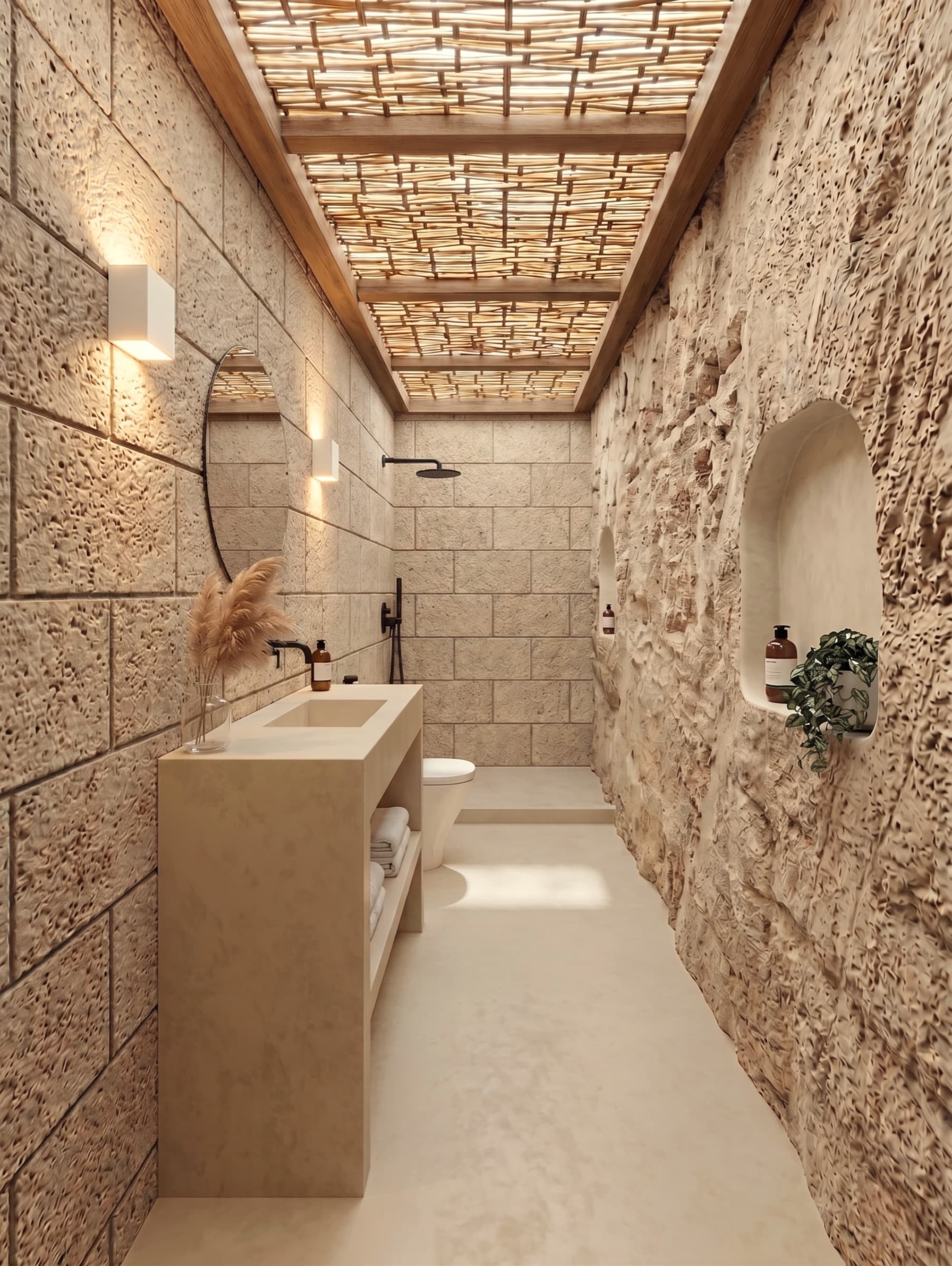 Cueva bathroom carved into volcanic stone under a woven reed ceiling