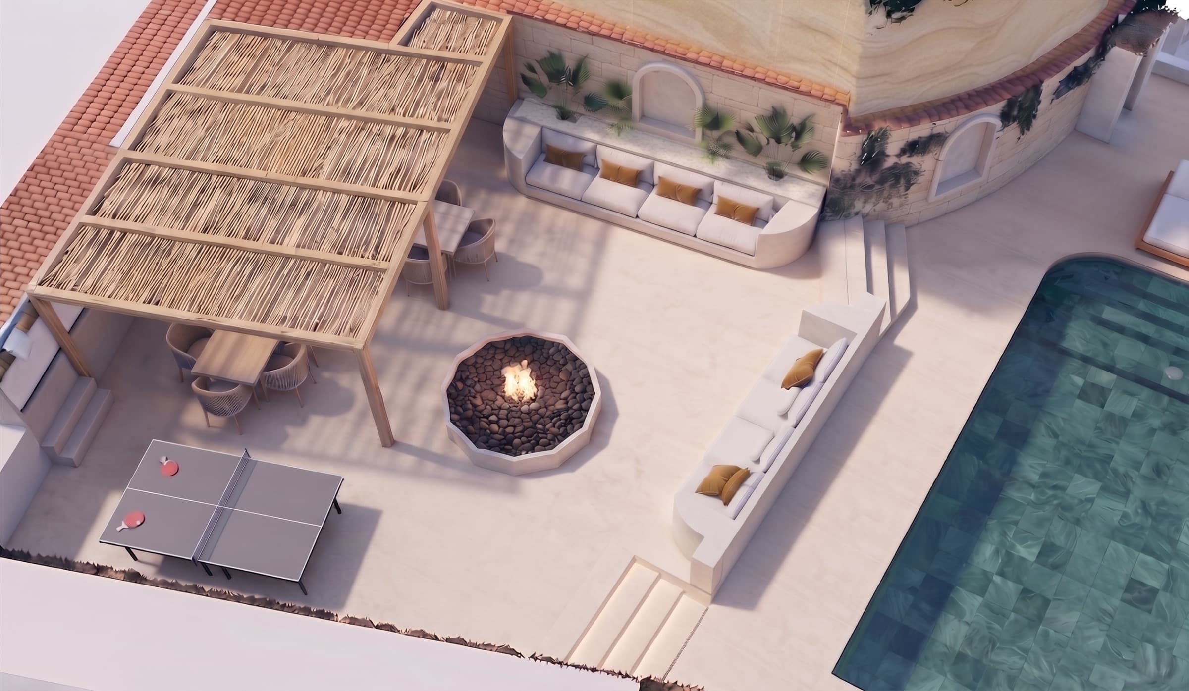 Pool, fire pit, ping pong and shaded dining seen from above